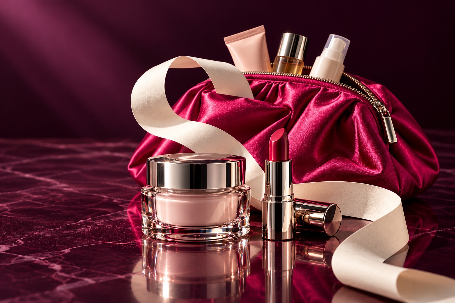 A magenta cosmetics pouch, unbranded cream jar and lipstick beside a curling paper ribbon.