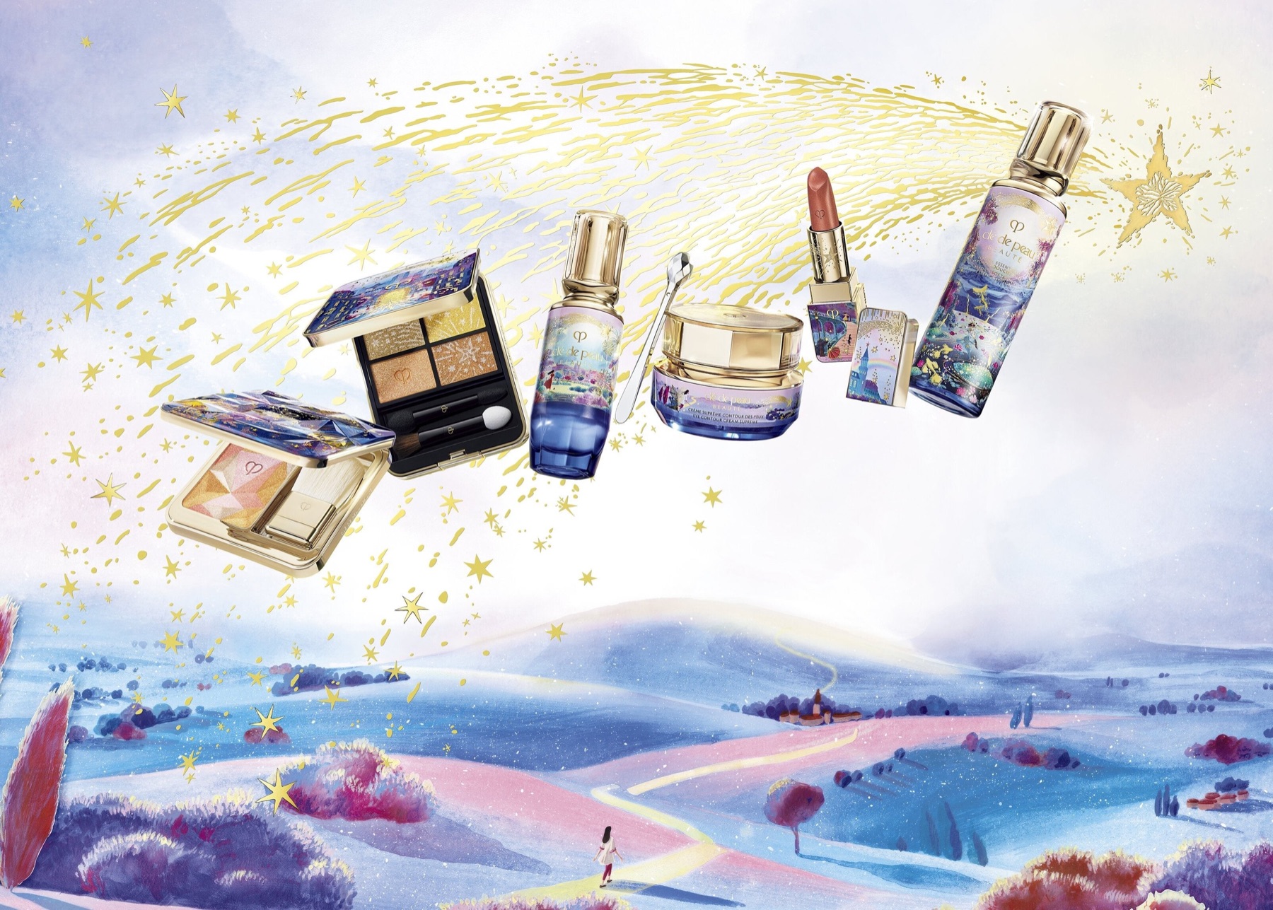 Open gold-toned eye palette and pink-and-gold highlighter beside lipstick and illustrated skincare bottles, floating above a blue and lilac landscape with golden shooting stars.