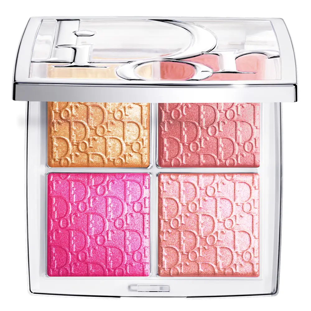 Open Dior Backstage Glow Maximizer Palette 008 Sparkly Plum Glow, with gold, red-pink, fuchsia and peach-toned pans.