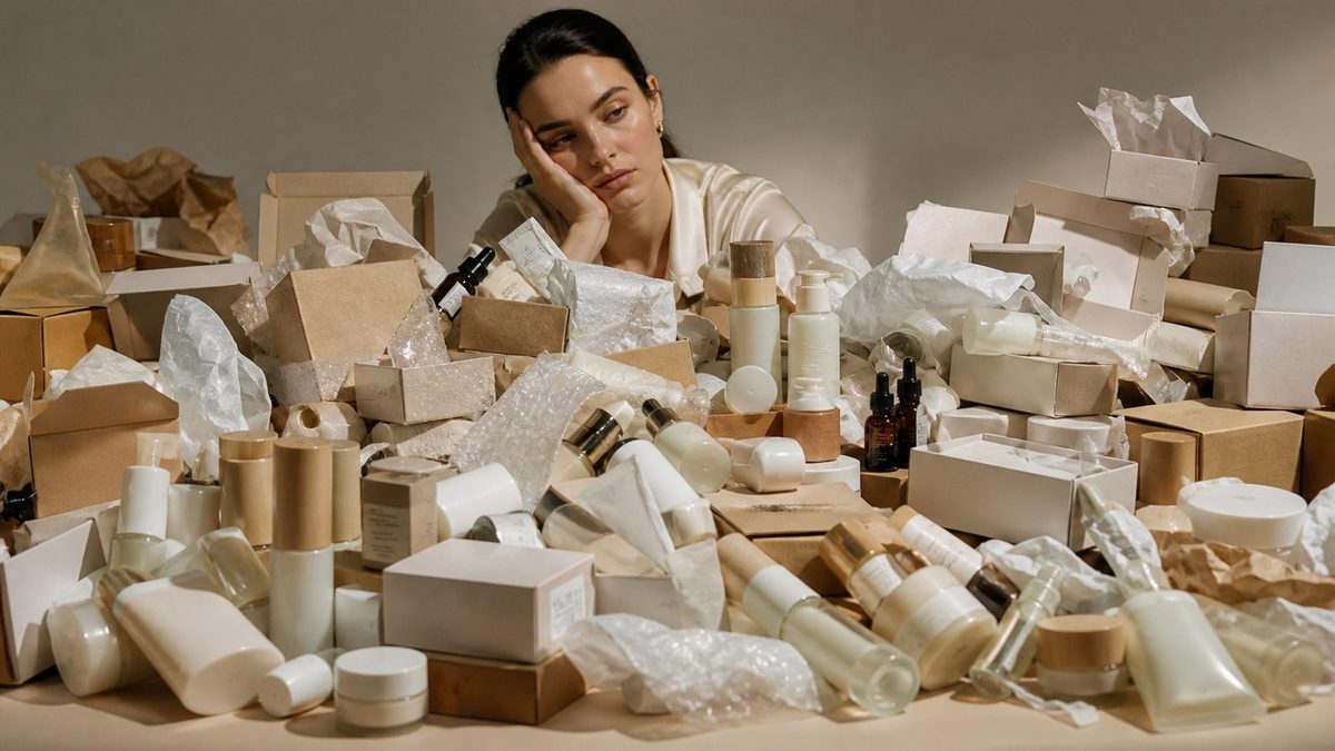 A founder surrounded by boxes of beauty products