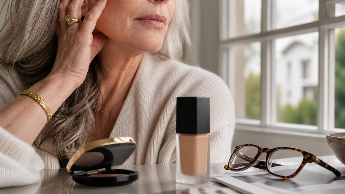 Foundation and makeup seen in soft daylight beside a mirror.