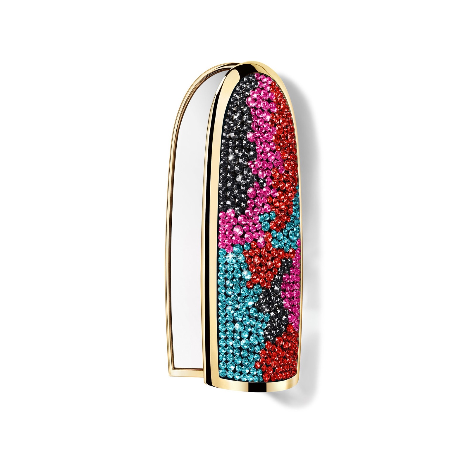 Gold-toned Guerlain Rouge G Showtime lipstick case shown open, with a mirror and red, pink, blue and black rhinestones; no lipstick colour is included.