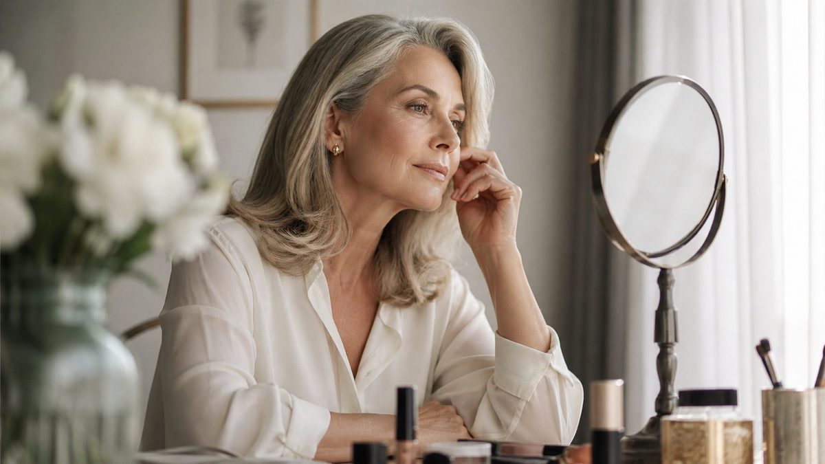 A mature woman checking her makeup at a vanity mirror in natural light.