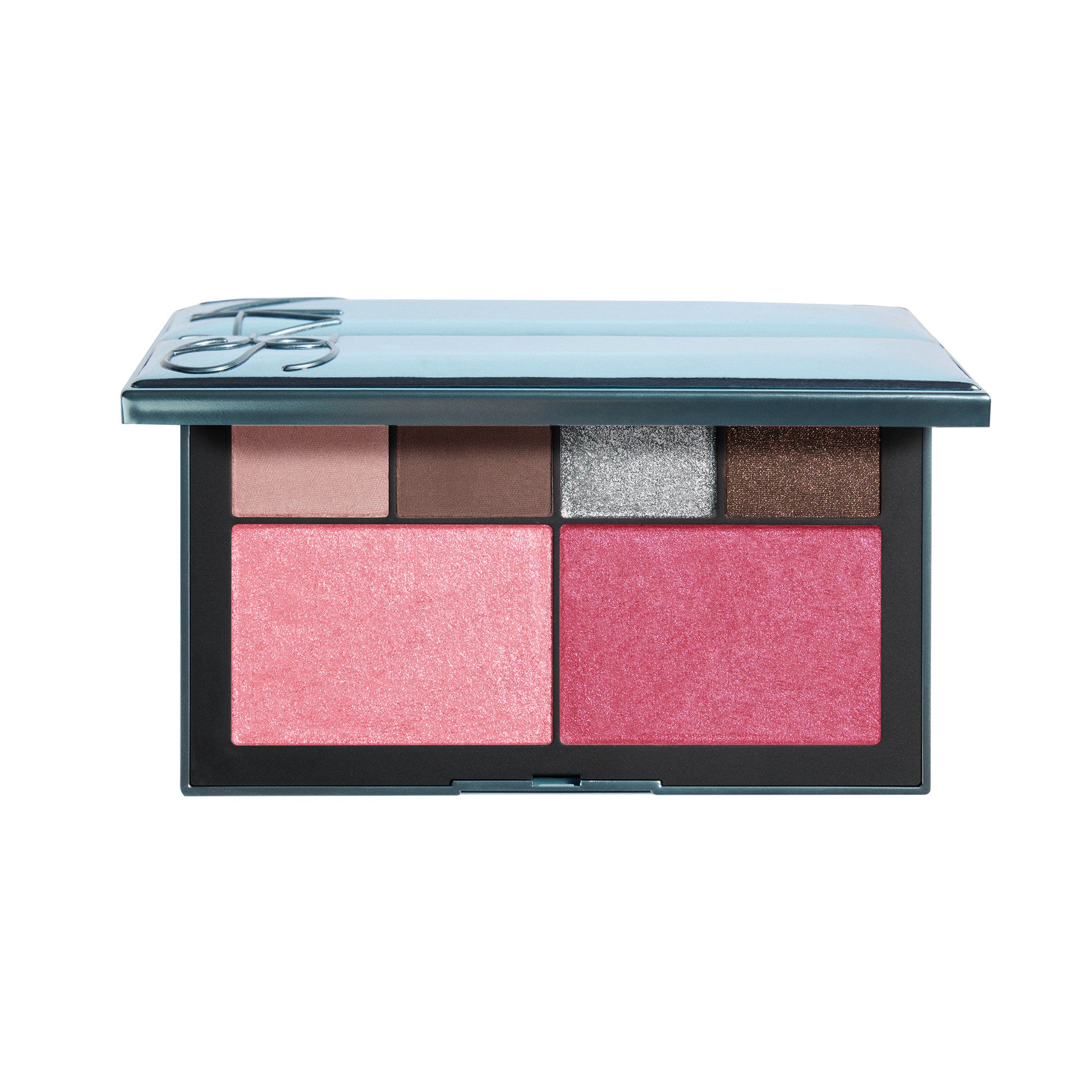 Open ice-blue NARS Snow Games palette with mauve, brown and metallic eyeshadows above two shimmering raspberry cheek powders, on white.