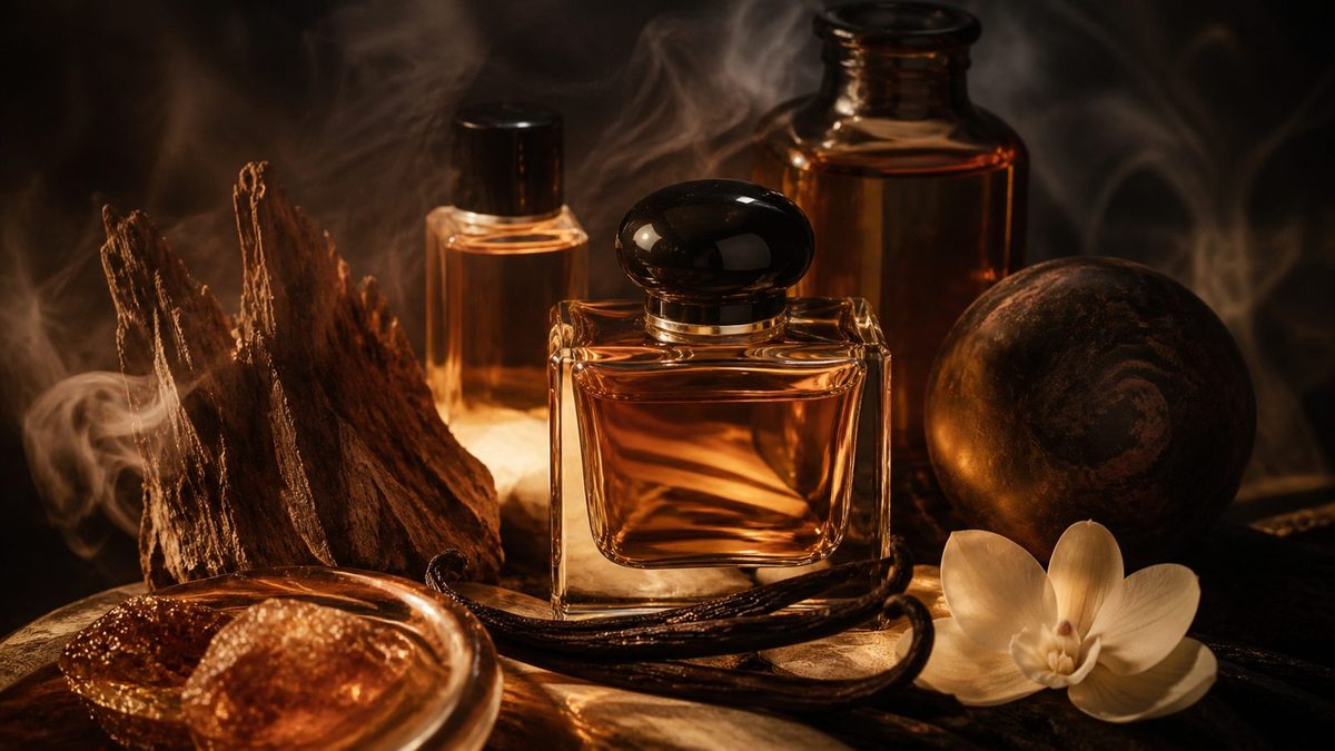 Amber fragrance bottles with oud wood and vanilla pods