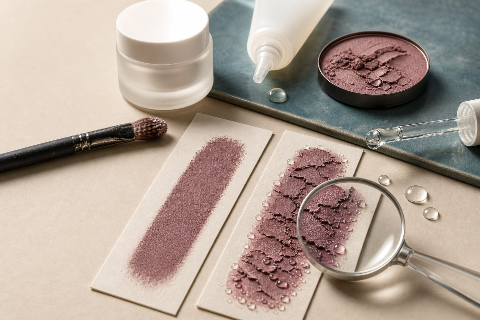 Editorial still life of makeup tools for preventing eyeshadow creasing, including a primer tube, translucent powder and brushes