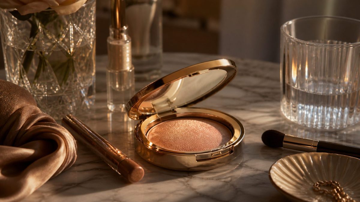 Gold compact and shimmer highlighter on a marble dressing table