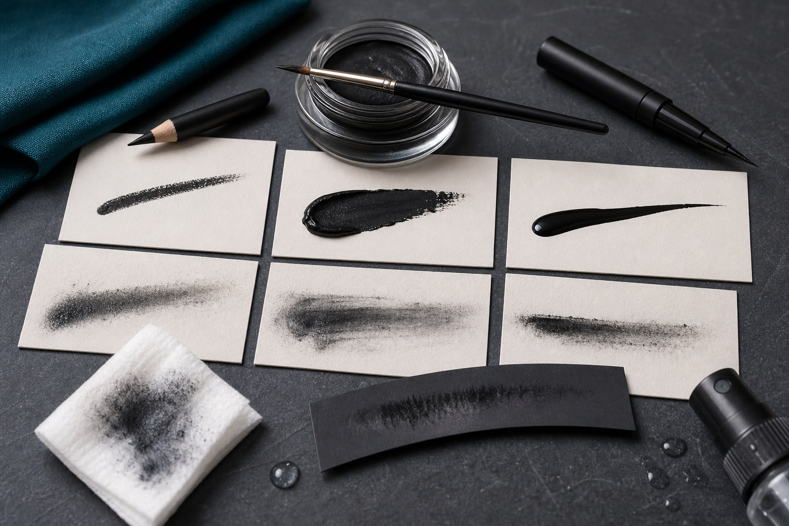 Editorial still life of eyeliner tools with translucent powder on a dark surface