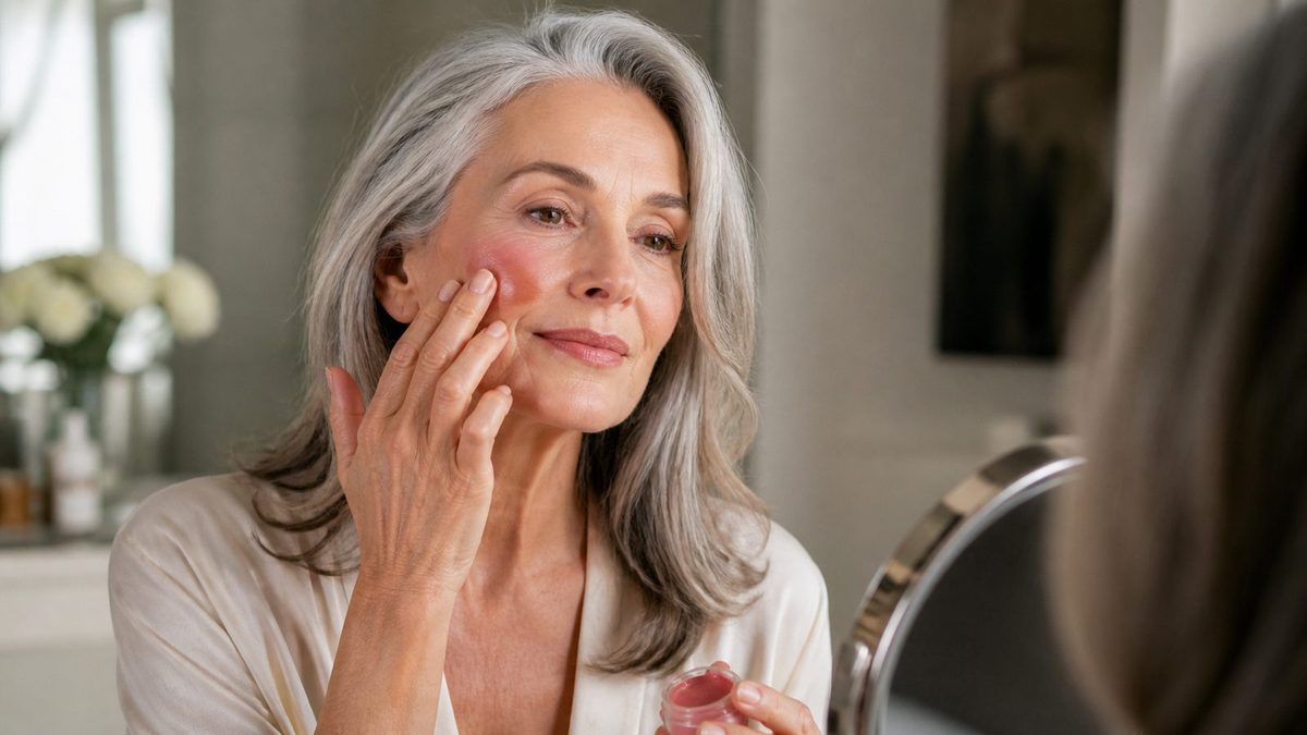 A mature woman applying cream blusher at a mirror in natural daylight.