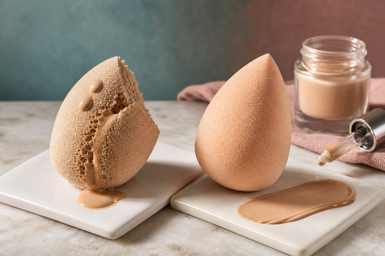Editorial still life of makeup sponges and foundation-waste theme