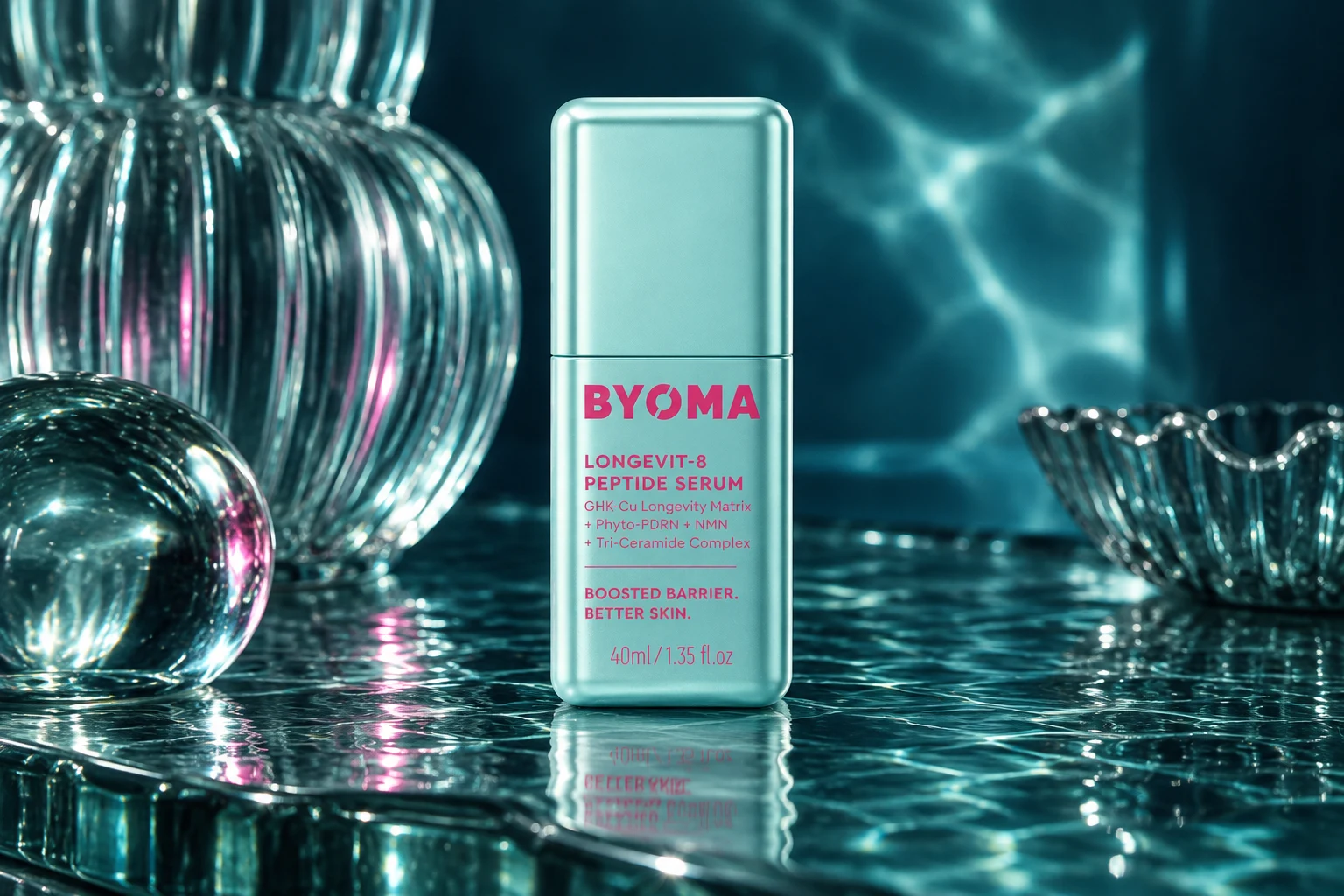 BYOMA Longevit-8 Peptide Serum in a constructed teal glass editorial setting