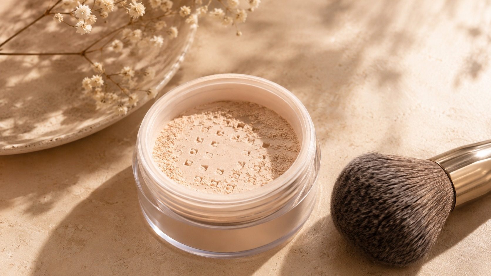 Loose setting powder and a soft brush on a warm editorial beauty surface.