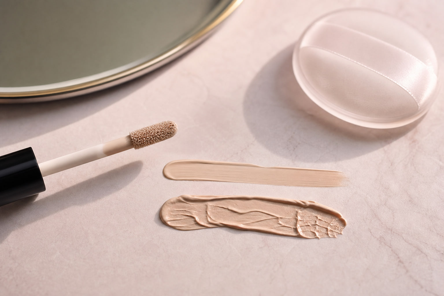 Editorial still life comparing a smooth concealer swipe with a deliberately folded, creased concealer texture beside an unbranded wand and powder puff; no people, text or branding.